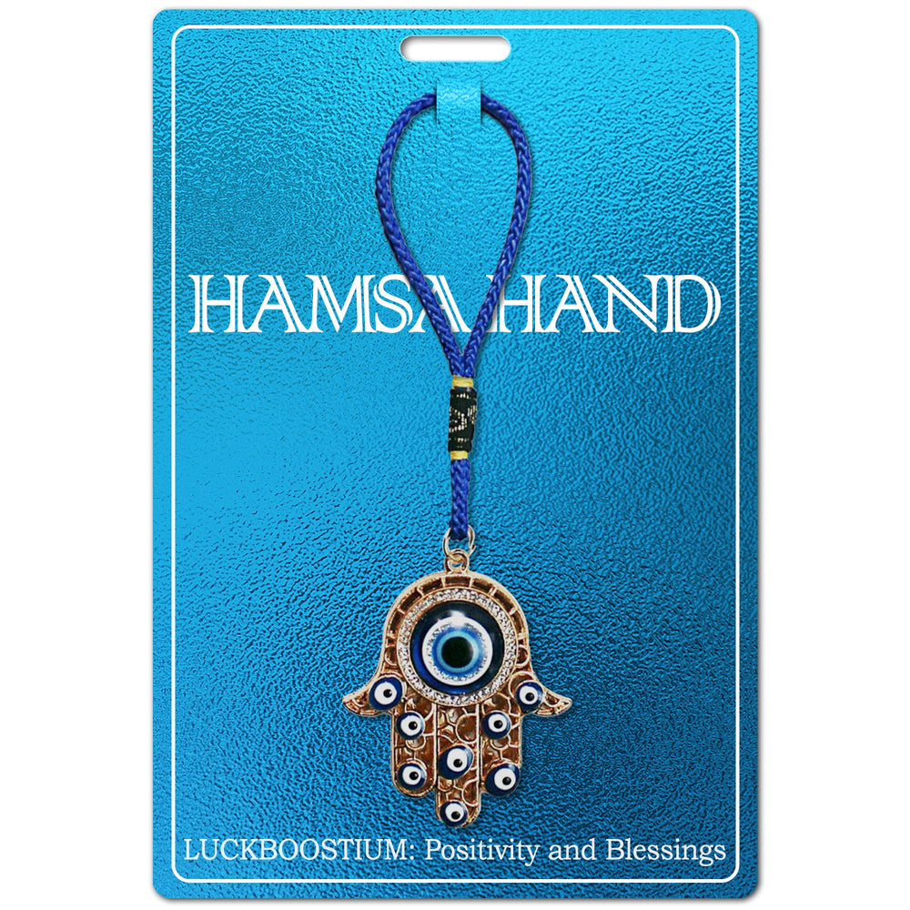 Hamsa Hand Amulet Pendant w/Crystal Rhinestones Blue, White & Black Evil Eye Car Hanging Ornament Rear View Mirror Accessories - Door, Wall, Bag Charms (Gold & Matching Tassel)