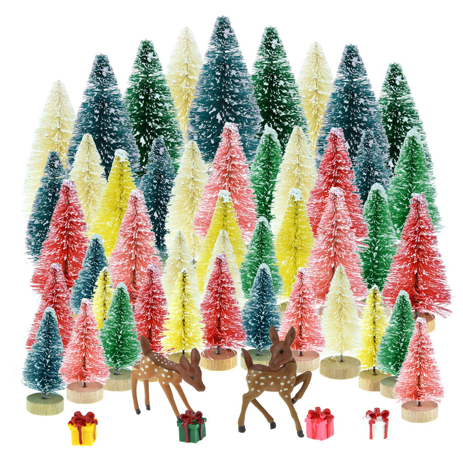 51Pcs Pine Trees Artificial Trees with Wood Base Sisal Bottle Brush Trees Assorted Color and Deer Boxes Winter Snow Ornaments for Christmas Decoration