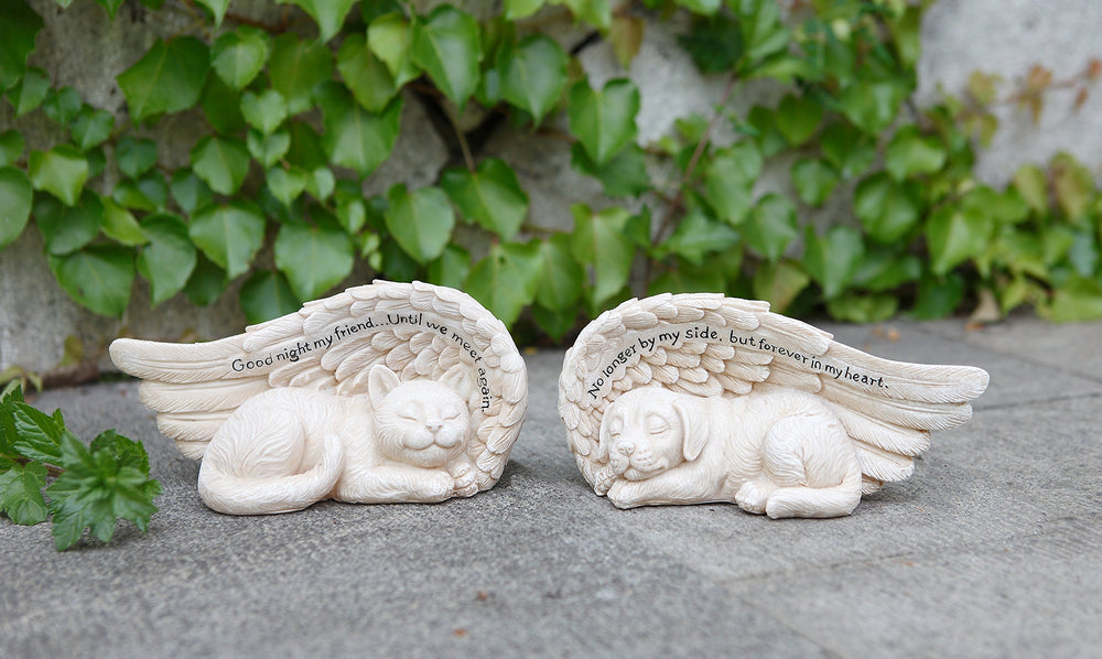 11147 Small Sleeping Cat in Angel's Wing Garden Statue with Inscription, 8 x 4