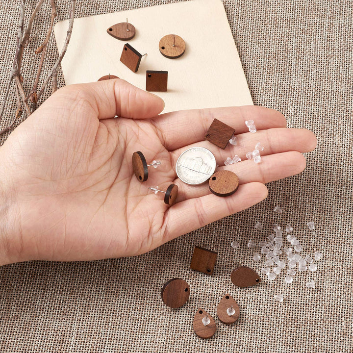 16Pcs Wood Stud Earring Posts with Loop Teardrop Rhombus Oval Flat Round Wood Stud Earring with Ear Nuts for DIY Wooden Earrings Making (CoconutBrown)
