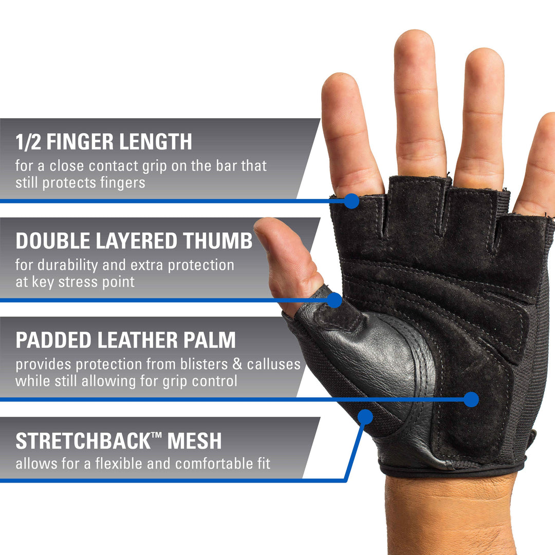 Power Non-Wristwrap Workout Weightlifting Gloves with StretchBack Mesh and Leather Palm (Pair) Black Medium (Fits 7.5 - 8 Inches)