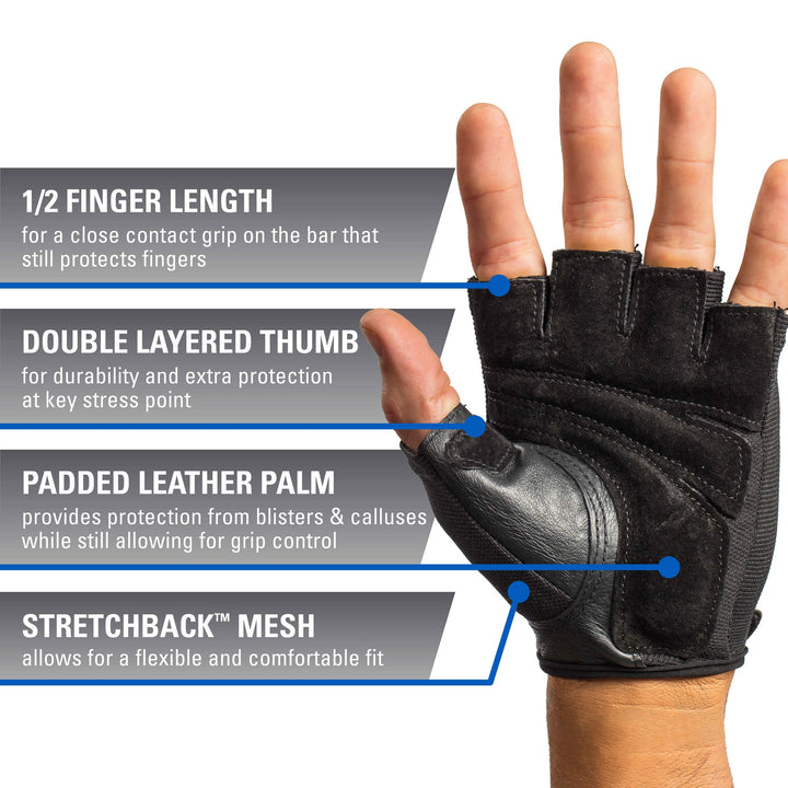 Power Non-Wristwrap Workout Weightlifting Gloves with StretchBack Mesh and Leather Palm (Pair) Black Medium (Fits 7.5 - 8 Inches)