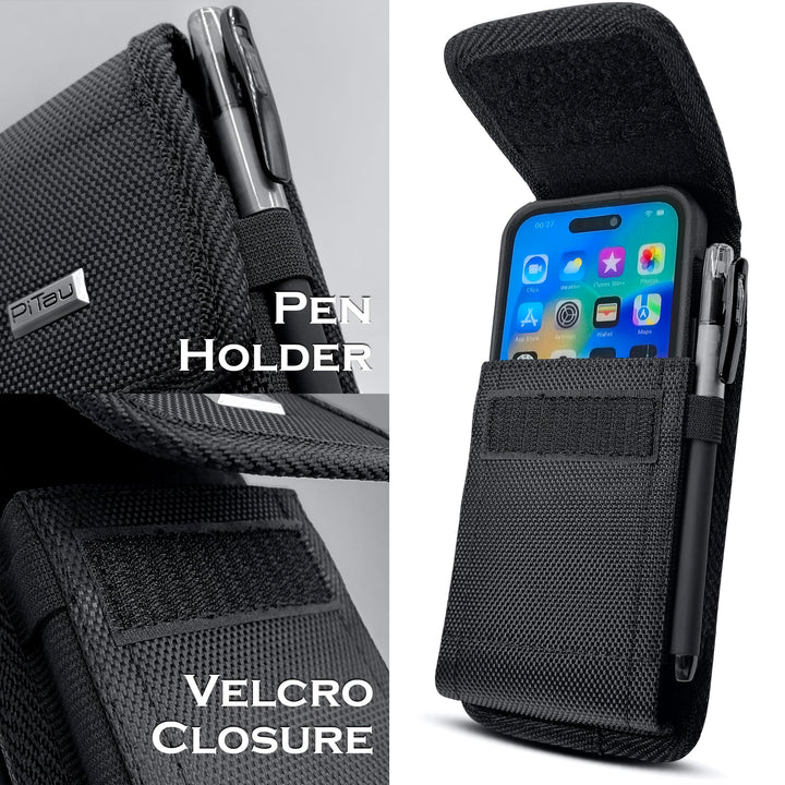Holster for iPhone 16, 16 pro,15 Pro, 14, 14 Pro 13, 13 Pro 12 Pro 12 X, XR, Xs, 11, 10 Nylon Cell Phone Belt Holder Case with Clip Carrying Pouch Cover (Fits with Otterbox Commuter Case) Black