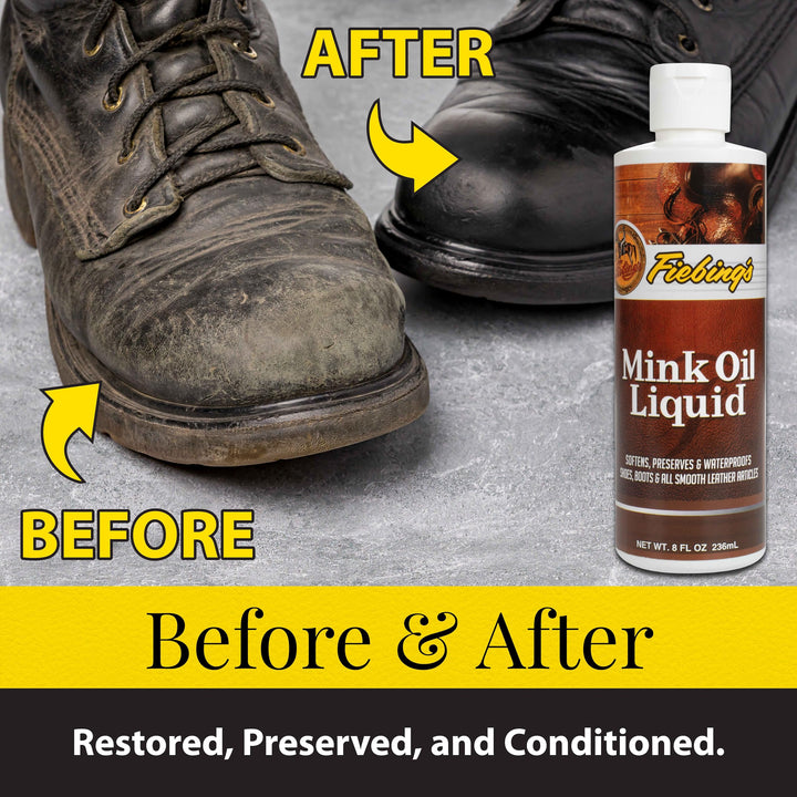 Fiebing&#39;s Liquid Mink Oil for Leather Boots (8 fl oz) - Leather Cleaner &amp; Conditioner - Waterproof, Preserve, Soften All Smooth Leathercraft &amp; Vinyl - Prevents Salt Stains - Use On Couch, Shoe, Purse