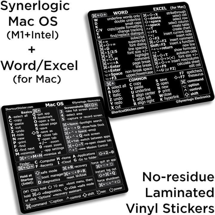 (1 Set) Mac OS + Word &amp; Excel Shortcuts Cheat Sheet Sticker Bundle | Quick Reference Keyboard Shortcut Stickers | Word Excel Shortcuts Sticker MacBook (Black)