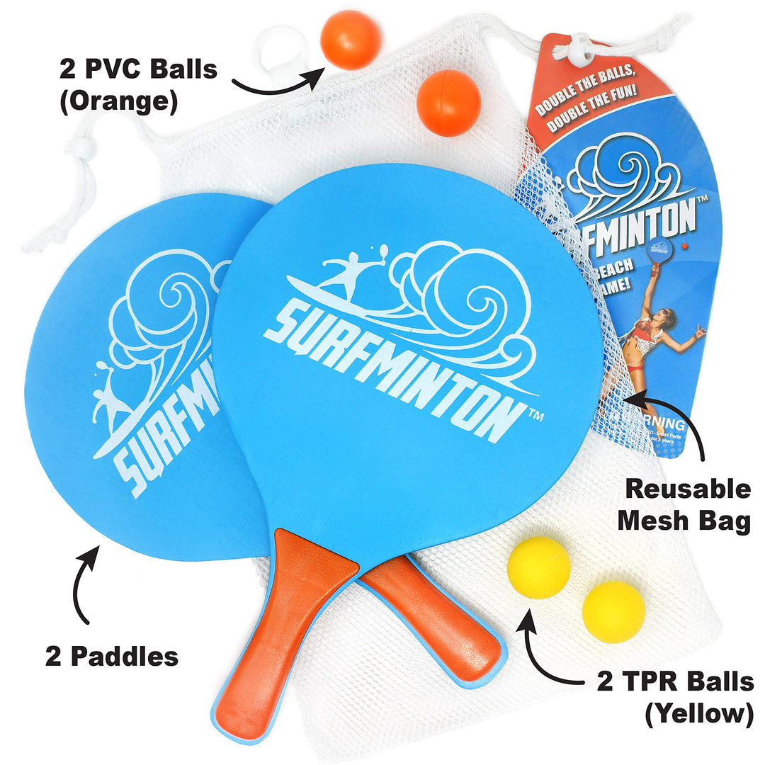 Surfminton Classic Blue and Orange Beach Tennis Wooden Paddle Game Set (4 Balls, 2 Thick Water Resistant Wooden Rackets, 1 Reusable Mesh Bag)