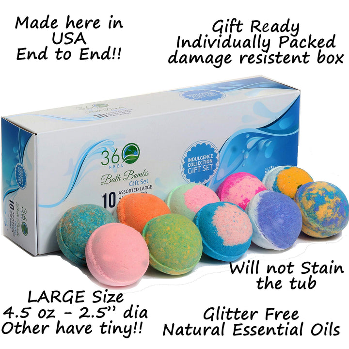 360Feel Bath Bombs Gift Set 10 Large USA made -Made with Essential Oil -All Natural Organic Bath Fizzies- Gift ready box - Aromatherapy Organic Bath Bomb for Women Men and Kids - Gift ready box
