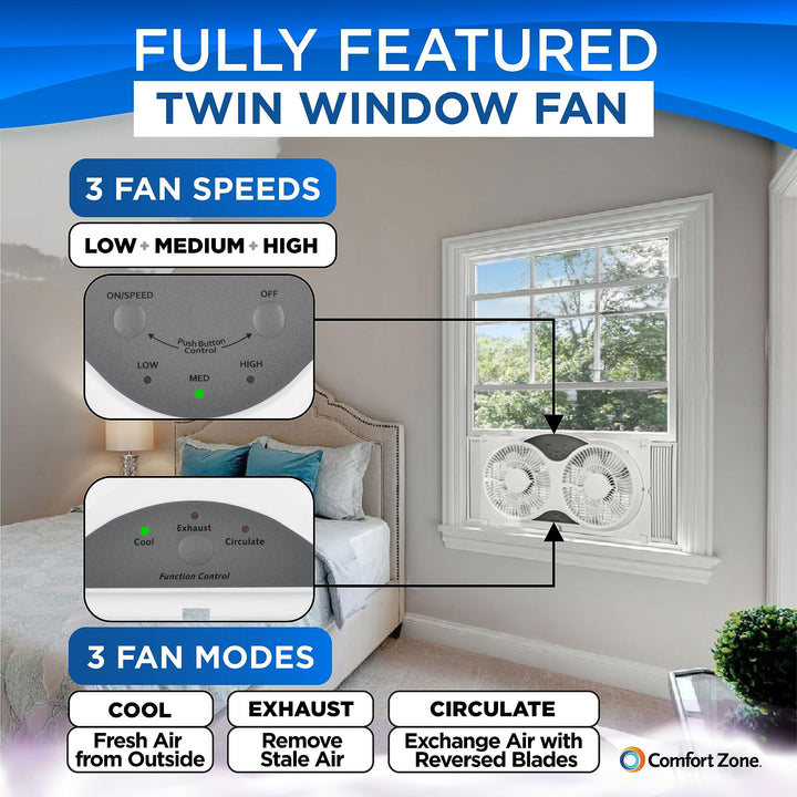 Twin Window Fan with Remote Control, Removable Cover, Reversible, 9 inch, 3 Speed, 3 Function, Expandable, Exhaust, Airflow 8.40 ft/sec, Ideal for Home, Kitchen, Bedroom &amp; Office, CZ310R