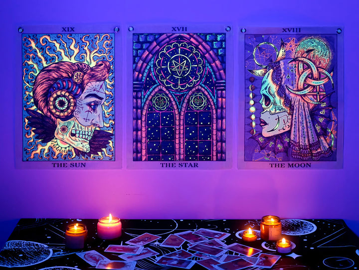 Tarot Tapestry Blacklight Tapestry UV Reactive Sun Moon Wall Trippy Tapestry for Bedroom Aesthetic (Sun Moon Star Set, 13&#39;&#39;x18&#39;&#39;Each)