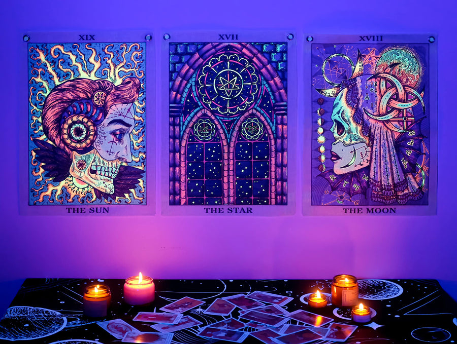 Tarot Tapestry Blacklight Tapestry UV Reactive Sun Moon Wall Trippy Tapestry for Bedroom Aesthetic (Sun Moon Star Set, 13''x18''Each)