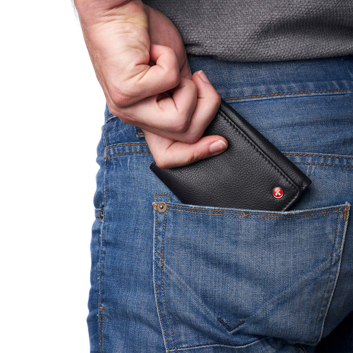 Mens Leon Trifold Wallet RFID Safe Genuine Leather Comes in a Gift Box Black