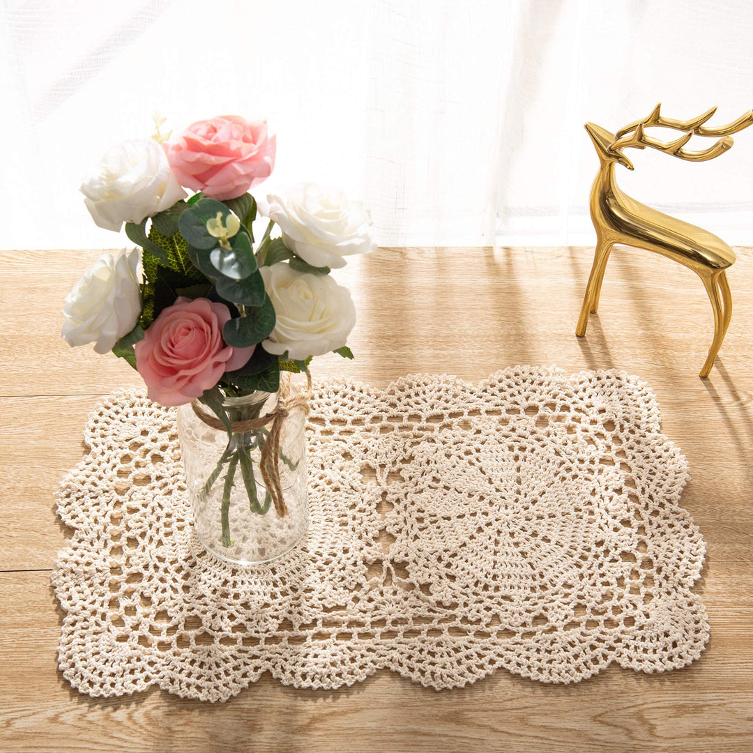 Handmade Rectangle Doilies, 2-Piece Handmade Crochet Cotton Doilies Lace Table Crochet Placemats Coaster 10.6x16.9 inch (Beige)