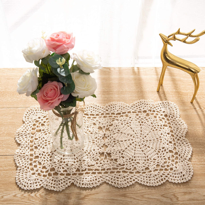 Handmade Rectangle Doilies, 2-Piece Handmade Crochet Cotton Doilies Lace Table Crochet Placemats Coaster 10.6x16.9 inch (Beige)