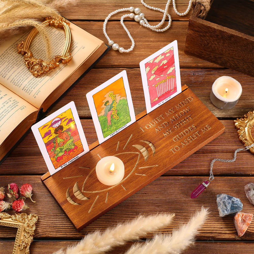 Wooden Tarot Card Stand Moon Phase Tarot Card Holder Stand Rectangle Card Display Stand Lenormand or Oracle Pagan Altar Supplies Tarot Card Decor for Divination Tools