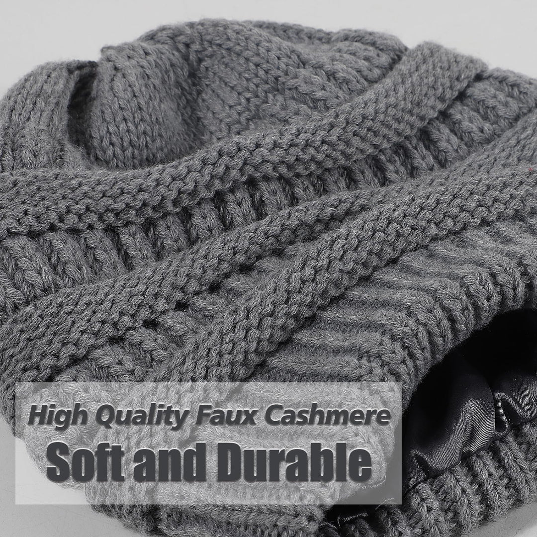 Womens Satin Lined Winter Beanie Hats Cable Knit Beanie for Men Silk Lining Thick Chunky Cap Soft Slouchy Warm Hat Dark Grey