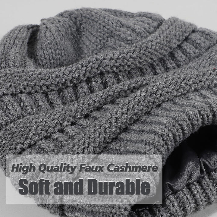 Womens Satin Lined Winter Beanie Hats Cable Knit Beanie for Men Silk Lining Thick Chunky Cap Soft Slouchy Warm Hat Dark Grey