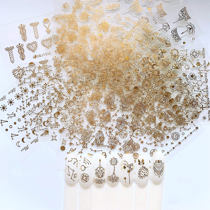 24 Sheets Nail Art Adhesive Gold Color Sticker Sheets Moon Star Universal Flower Shapes Sticker Sheets Nail Art Deco 10057
