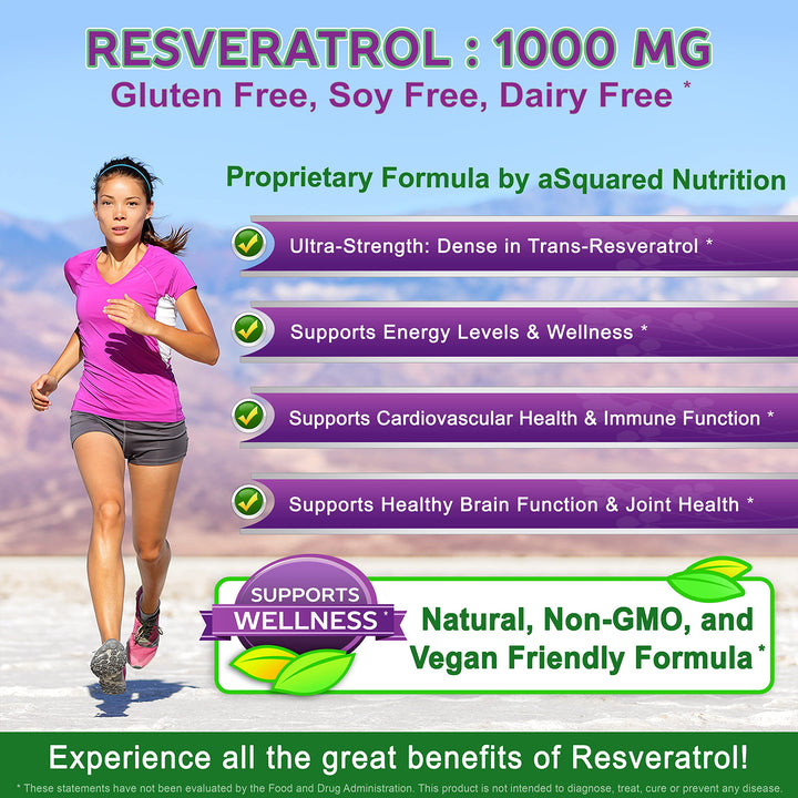 100% Natural Resveratrol - 1000mg Per Serving Max Strength (180 Capsules) Antioxidant Supplement, Trans-Resveratrol Pills for Heart Health &amp; Pure, Polyphenols