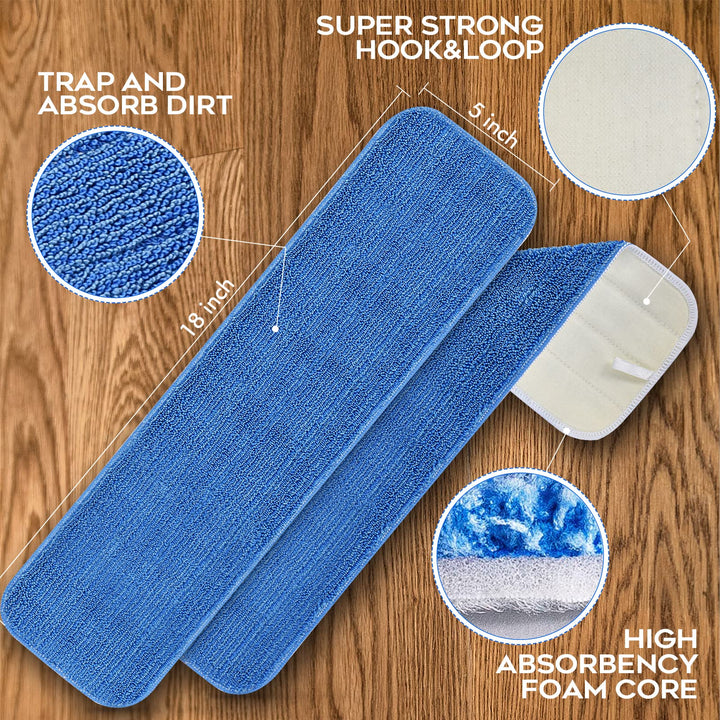 MATTHEW 18&#39;&#39; Microfiber Spray Mop Replacement Pads Heads for Wet Dry Reusable Mops Floor Home Commercial Cleaning Refills, Machine Washable Fits Compatible with Bona Mop&amp;Most Spray Mops Blue (3 Pack)