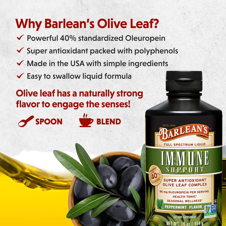 Barlean&#39;s Peppermint Olive Leaf Complex Liquid Immune Support Supplement with 95mg Oleuropein Antioxidants, 16 Ounce