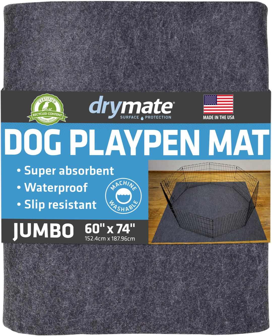 Dog Playpen Mat, Absorbent, Waterproof, Non-Slip, Machine Washable, Jumbo XXL Size (60x74), Reusable Puppy Pad for Training, Whelping, Housebreaking, Incontinence, and Crate/Kennel (USA Made)