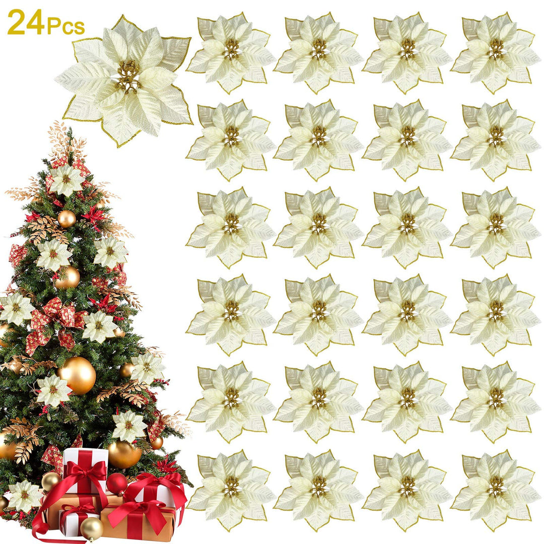 24 Pack 5.5 Inch Christmas Glitter Poinsettia Artificial Silk Flowers Picks Christmas Tree Ornaments for Gold Christmas Tree Wreaths Garland Holiday Decoration (Gold)