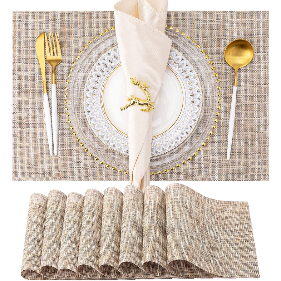 Placemats Set of 8 Washable Indoor/Outdoor Vinyl Place Mats for Dining Table PVC Weave Table Mats(Caramel)