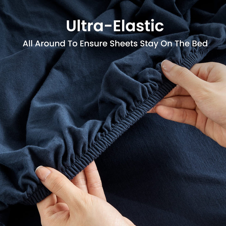 4-Piece Jersey Knit Sheet Set - Luxury Heather 100% Cotton T-Shirt Bed Linen Set - Deep Pocket Stretchy Bed Sheet Set for All Season (Navy, King)