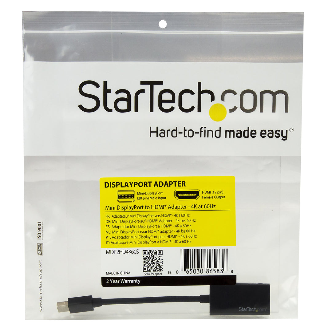 Mini DisplayPort to HDMI Adapter - Active mDP 1.4 to HDMI 2.0 Video Converter - 4K 60Hz - Mini DP or Thunderbolt 1/2 Mac/PC to HDMI Monitor/TV/Display (MDP2HD4K60S), Black