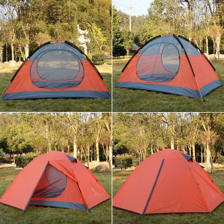 2 Person Backpacking Tent 3-4 Season Windproof Camping Tent Awning Family Tent Two Doors Double Layer with Aluminum rods for Outdoor Camping Family Beach Hunting (Orange-2 Person)