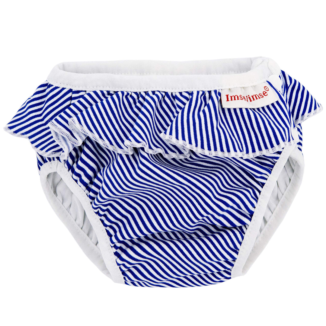 Imse Vimse Reusable Swim Diaper for Baby and Toddler Girls with Ruffle and Snaps (White Blue Stripe, SL 28-37 lbs)
