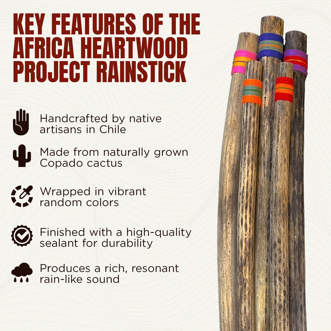 30 Cactus Rainstick from Chile - Authentic Handcrafted Rain Stick Musical Instrument with Rasta Yarn Wrap and Durable Sealant