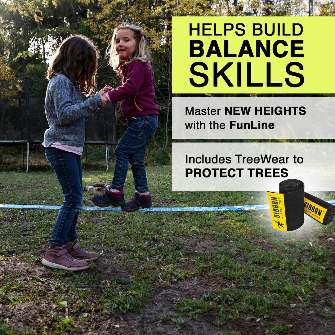 FunLine Slackline with TreeWear - Beginner &amp; Kids Slack Line 49ft (41ft line + 8ft Ratchet Strap with Reinforced Loop), 2 Line