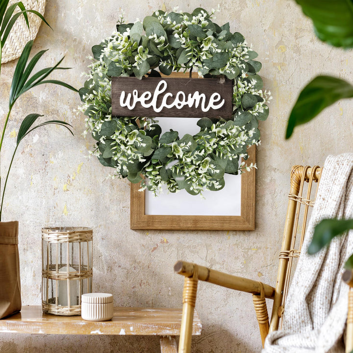 16in Artificial Eucalyptus Wreath with Welcome Sign Green Eucalyptus Leaf Wreath Greenery Wreath Round Leaves Wreath for Front Door Wall Window Festival Farmhouse Porch Patio Garden Decor