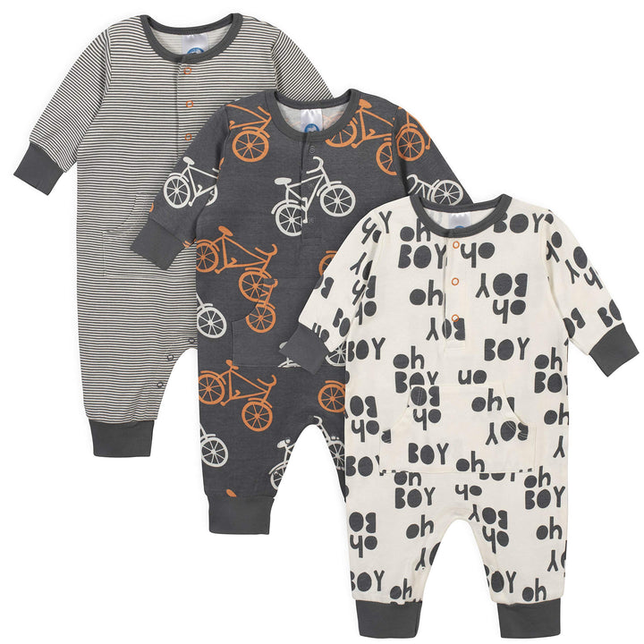 Grow by Gerber Baby Boys 3-Pack Coverall Set, Grey/Ivor