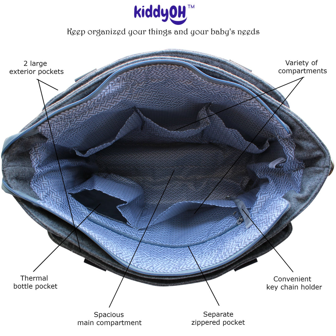 Diaper Bag Convertible Messenger Baby Bag by Kiddyoh - Multi-function Baby Diaper Bag with Stroller Straps - Wool & Polyester Stylish Waterproof Lined Grey Diaper Bag for Mom’s - Best Baby Shower Gift