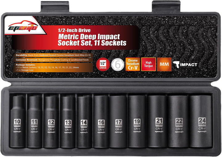 1/2-Inch Drive Metric Deep Impact Socket Set, Cr-V, 6 Points, 11 Sockets