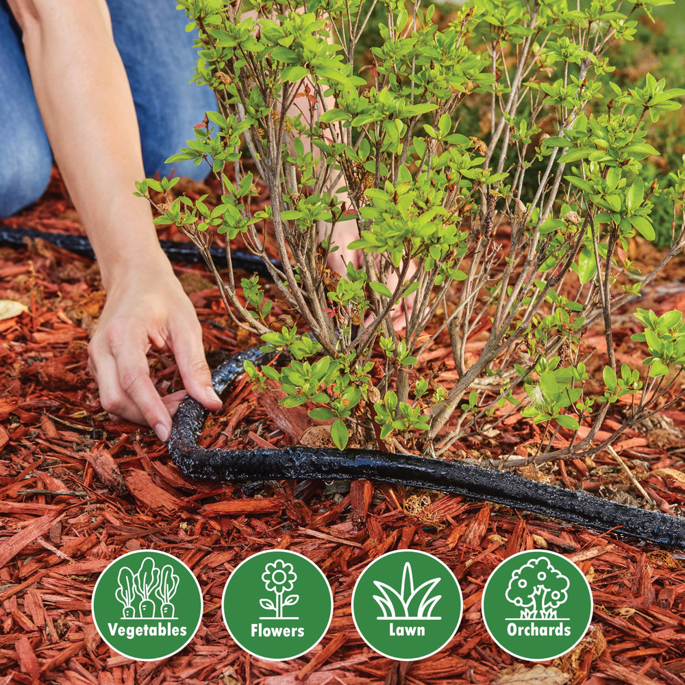 25' Black Flat Weeper Soaker Hose for Garden Beds, Drip Irrigation Outdoor Hose, Flexible Garden Hose for Vegetable Gardens, Flower Beds, Lawns, and Orchards