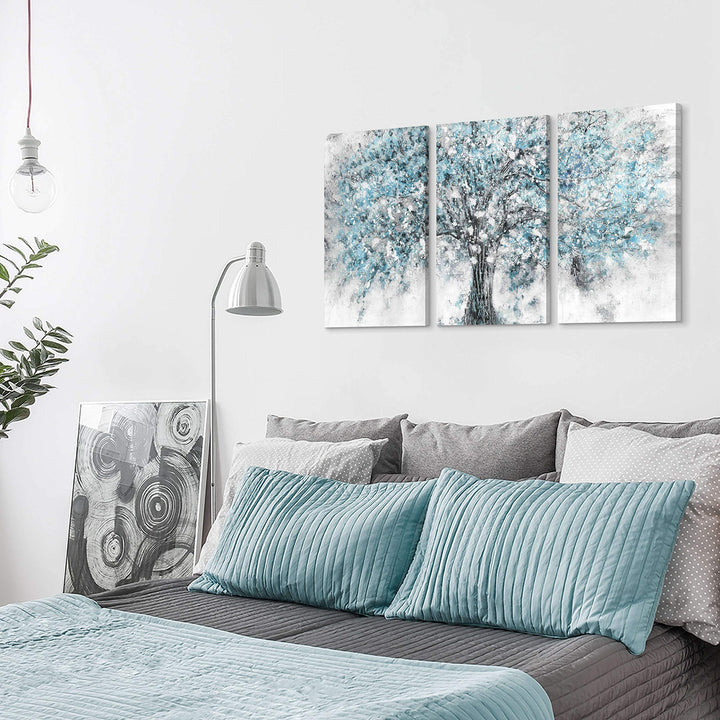 Abstract Tree Canvas Wall Art - 3 Pieces Silver Blue Blooming Plant Picture Modern Landscape Prints Forest Painting for Living Room