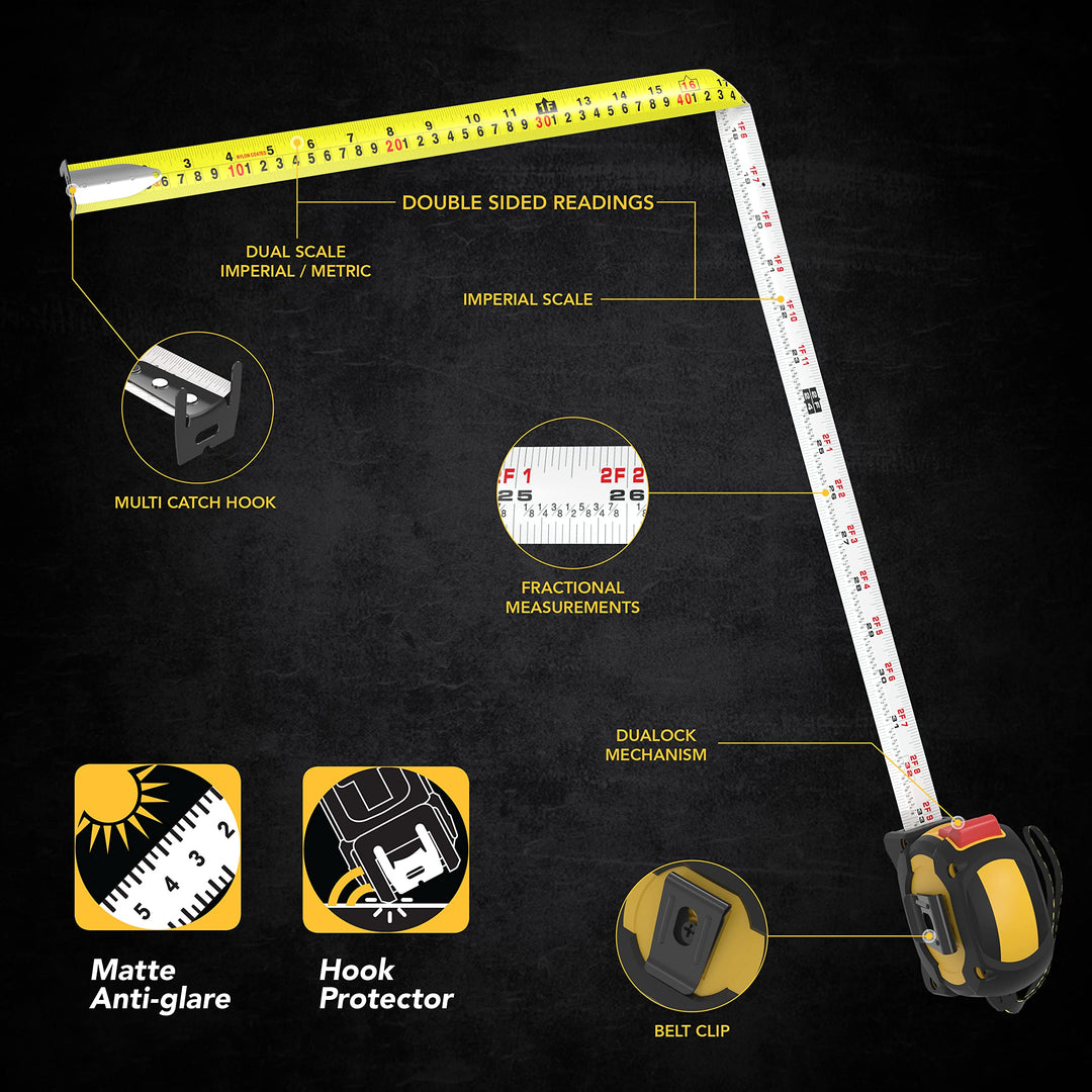 16Ft/5m DuaLock Tape Measure | 1-Inch Wide Blade with Nylon Coating, Matt Finish White &amp; Yellow Dual Sided Rule Print | Ft/Inch/Fractions/Metric (LX-207)