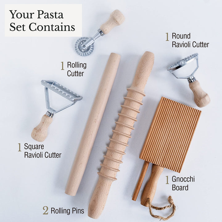 Complete 6 Pcs Pasta Making Tool Set Includes Two Ravioli Stamp Maker Cutter And Roller Wheel Set, Two Pasta Rolling Pins, Gnocchi Board By