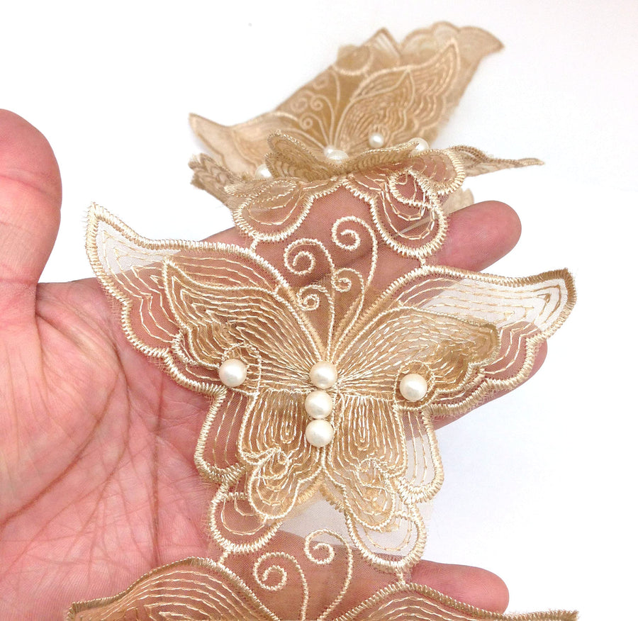 10PC Gold Pearl Chiffon Butterfly Flower Embroidered Lace Edge Trim Ribbon, 11cm x 7.5cm