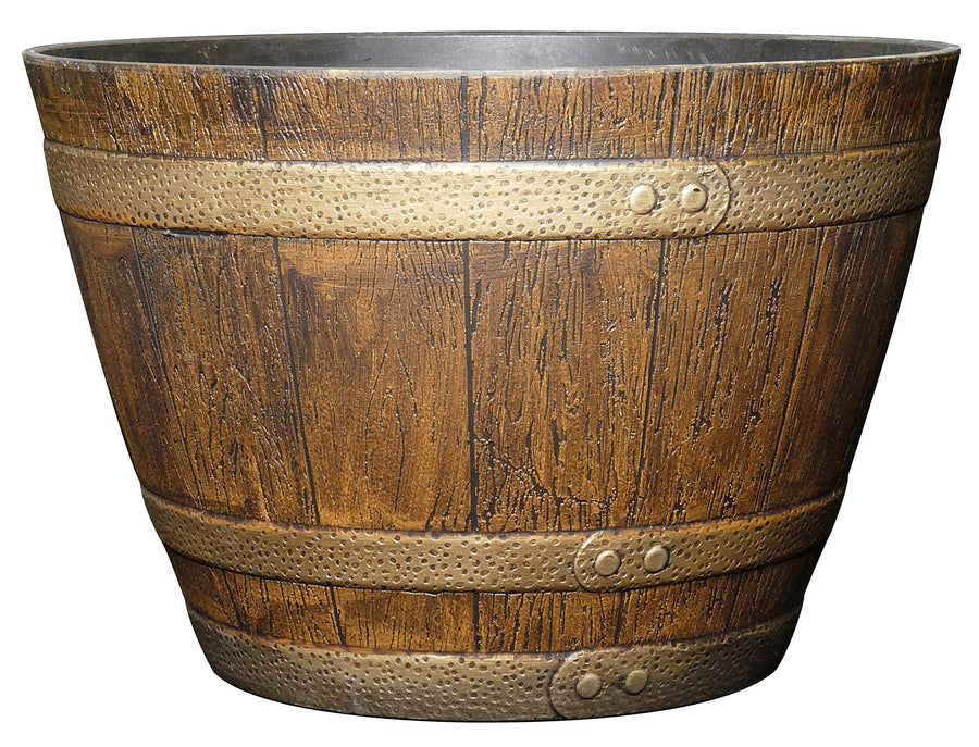 Whiskey Plastic Resin Flower Pot Barrel Planter, Oak Brown, 15