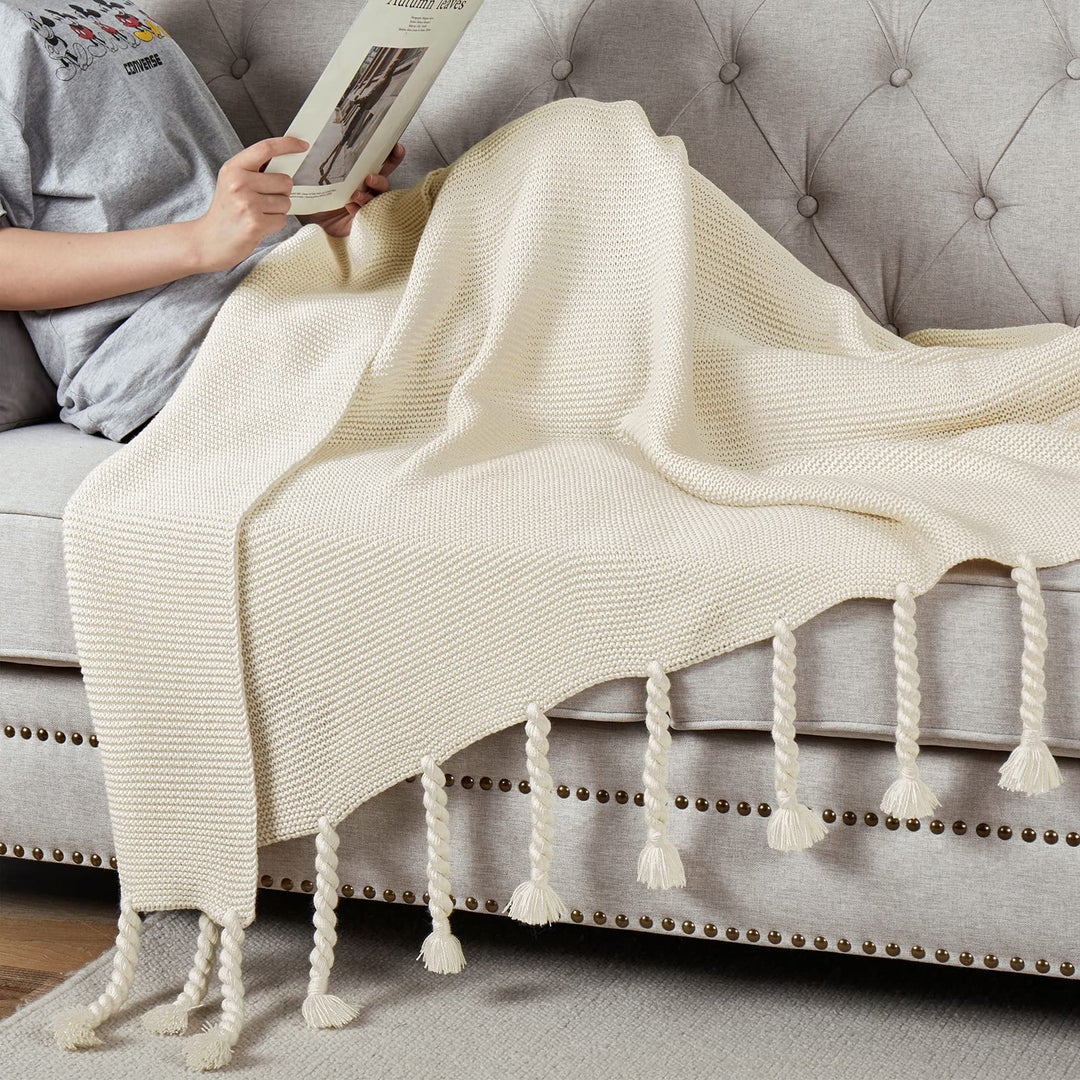 Rust Orange Throw Blanket with Tassels, Knitted Throw Blanket for Couch Bed Sofa, 50 x 60