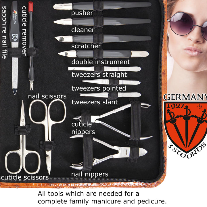 3 Swords Germany - Brand Quality 23 Piece Manicure Pedicure Grooming kit Set for Professional Finger & Toe Nail Care Tweezers File Clipper Fashion Leather case in Gift Box, Made by 3 Swords (7452)