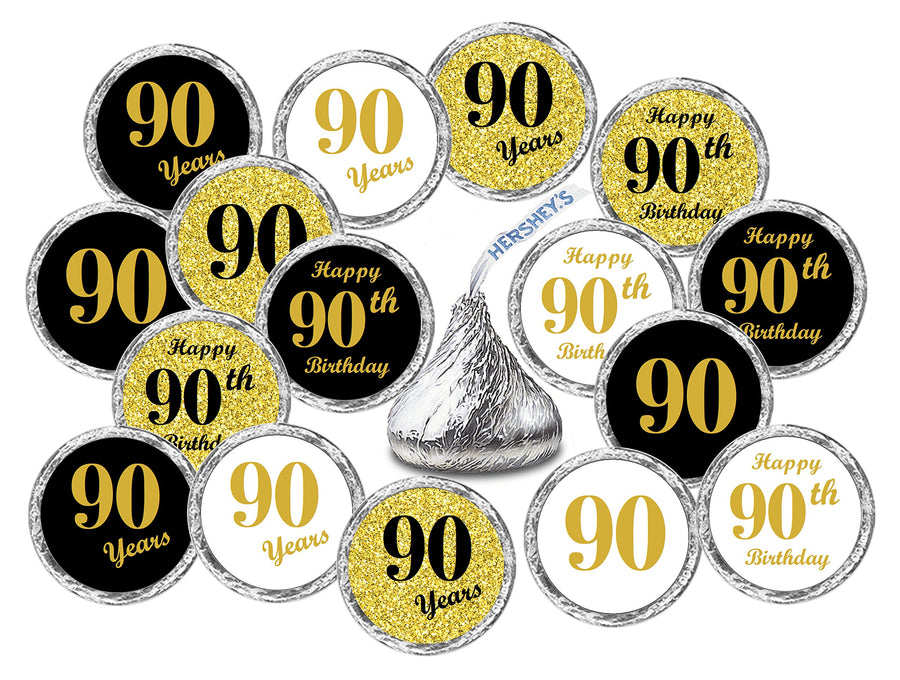 90th Birthday Kisses Stickers, (Set of 324) Chocolate Drops Labels Stickers for 90th Birthday, Hershey's Kisses Party Favors Decor, 9 Designs (36 Stickers of Each)
