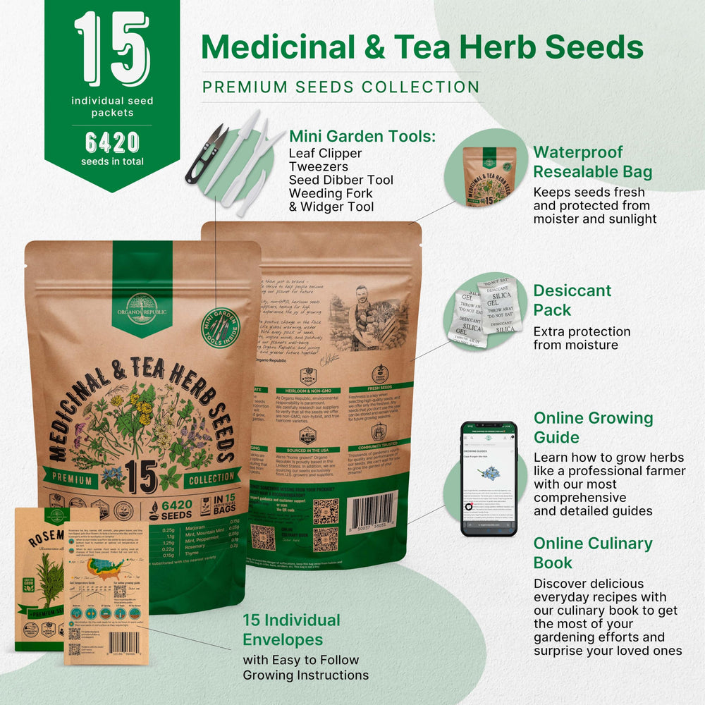 15 Medicinal & Tea Herb Seeds Variety Pack 6,420+ Non-GMO Heirloom Garden Seeds for Indoor & Outdoors, Including Anise, Borage, Cilantro, Chamomile, Dandelion, Rosemary Seeds
