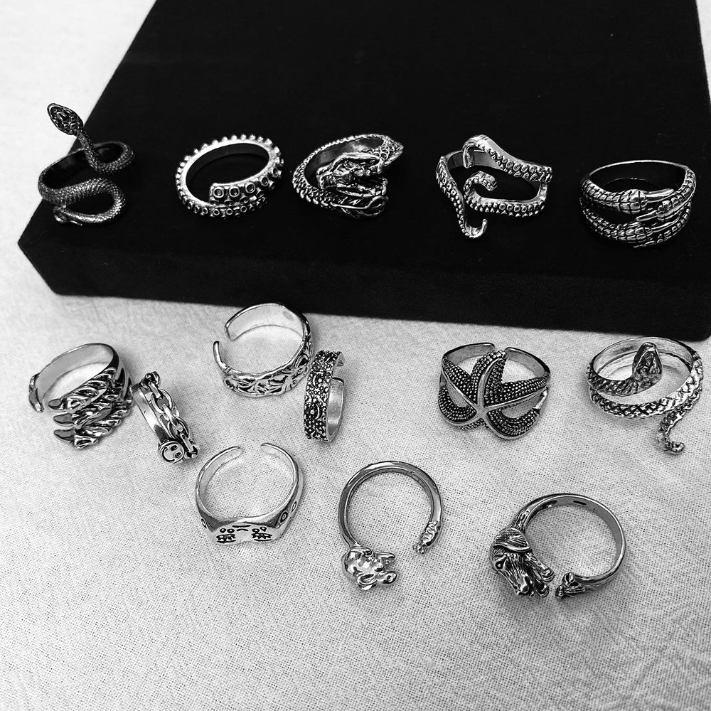 engagement ring, summer dresses, outdoor gifts,16 Pcs Vintage Punk Frog Ring Set, Gothic Moon Star Adjustable Snake Rings For Woman Cute Smile Dragon Rings For Teen Girls Boys Men