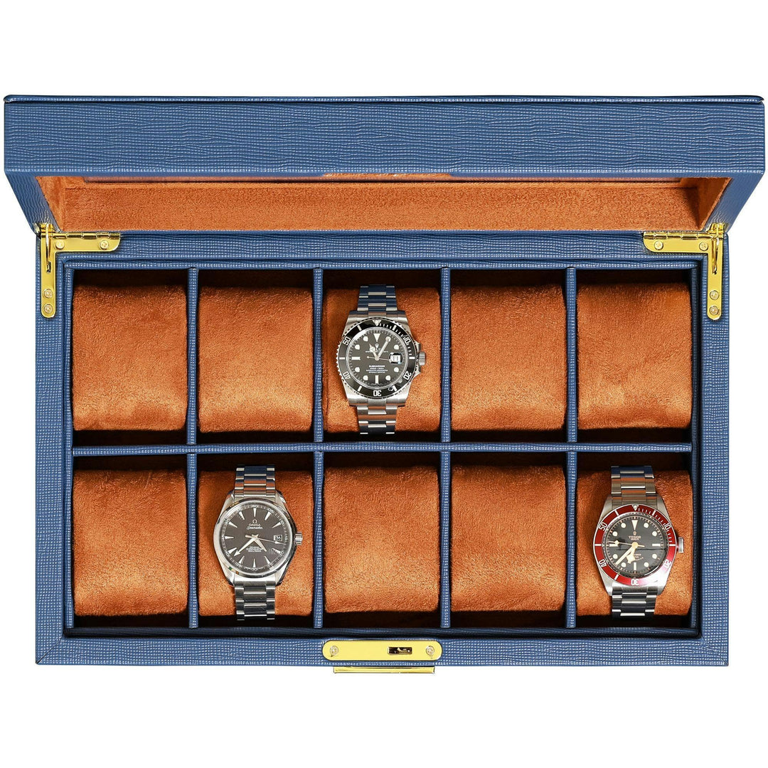 10 Slot Leather Watch Box - Luxury Watch Case Display Jewelry Organizer - Locking Watch Display Case Holder with Large Glass Top - Watch Box Organizer for Men and Women (Blue/Tan)