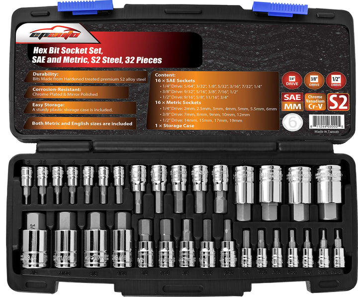 32 PCs Hex Bit Socket Set, SAE and Metric, S2 &amp; Cr-V Steel
